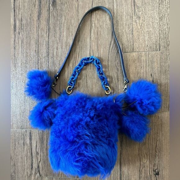Multi Style Use Handmade Real Shearling Drawstring Bucket Bag with 4 Fur Balls - Picture 14 of 17